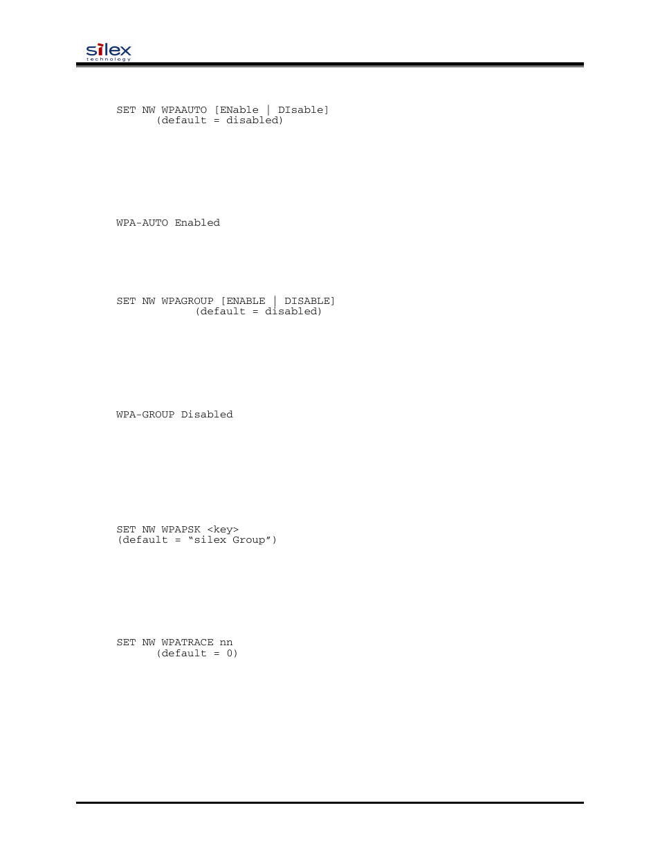 User’s guide, Sh nw wpaauto, Set nw wpagroup | Sh nw wpagroup, Set nw wpapsk, Set nw wpatrace, Set nw iroam | Silex technology SX-200 User Manual | Page 44 / 80
