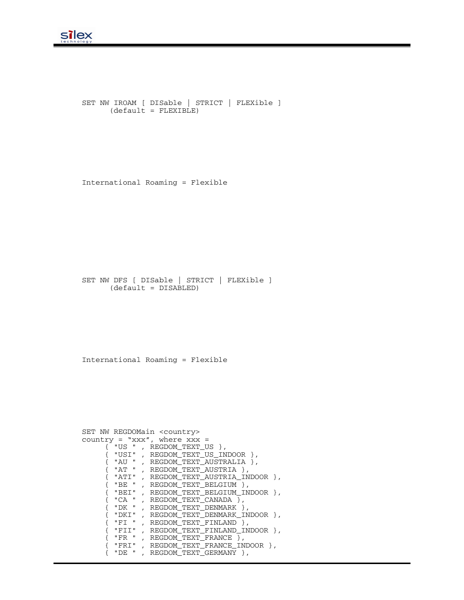 User’s guide, Sh nw iroam nw iroam, Set nw dfs | Sh nw dfs, Set nw regdomain | Silex technology SX-200 User Manual | Page 45 / 80