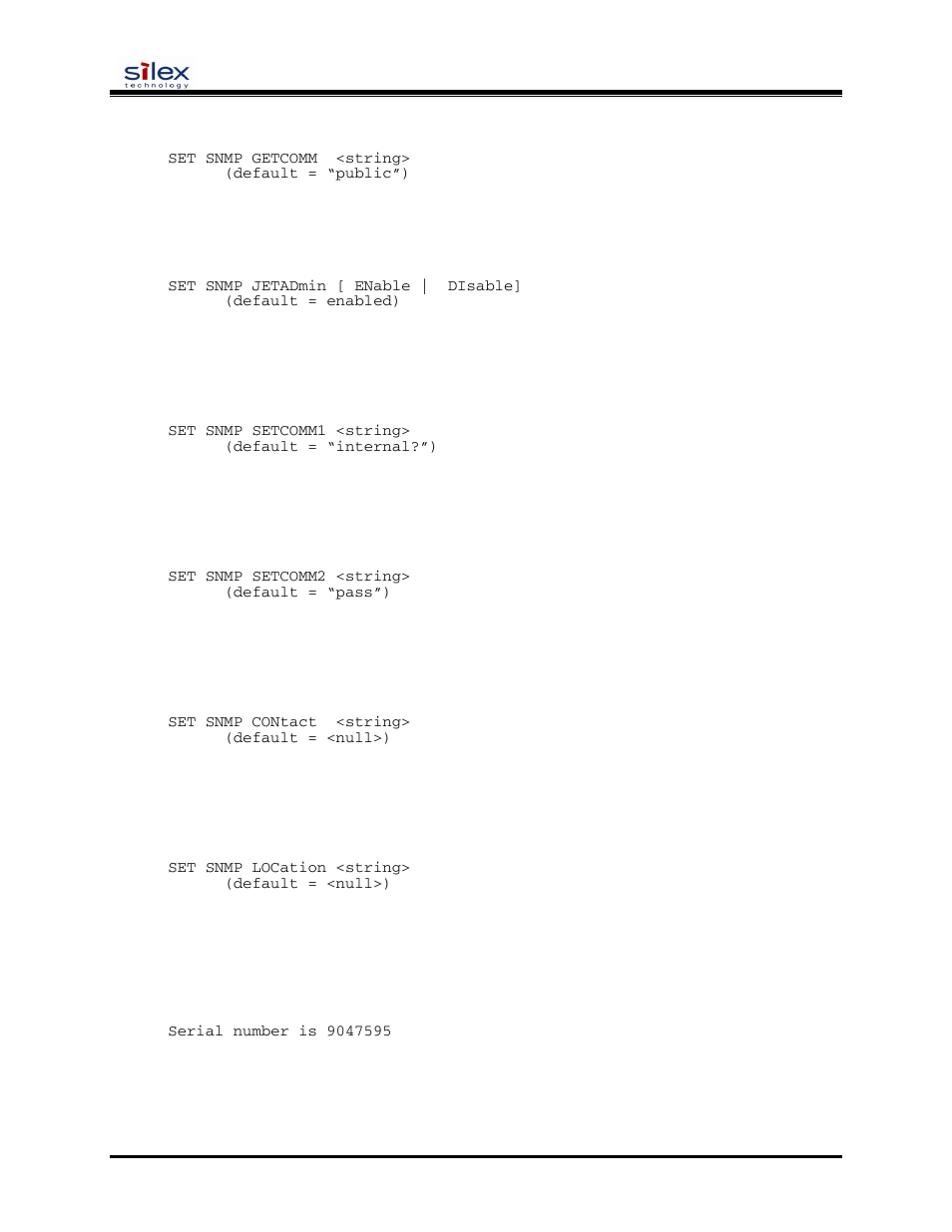 User’s guide, Set snmp jetadmin, Set snmp setcomm1 | Set snmp setcomm2, Set snmp contact, Set snmp location, Sh serial | Silex technology SX-200 User Manual | Page 51 / 80