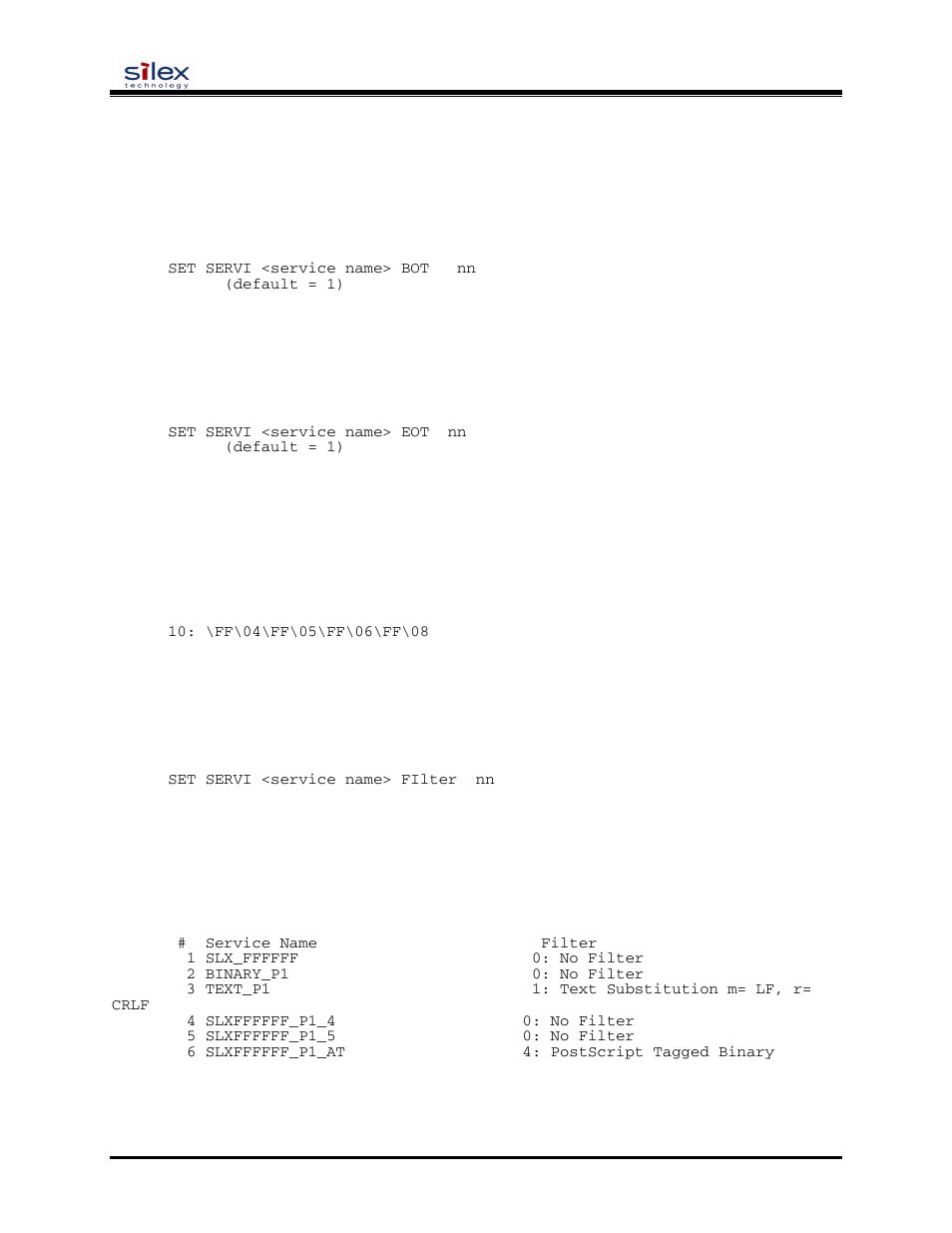 Service commands, User’s guide, Set servi <service name> bot | Set servi <service name> eot, Sh servi strings [ string_num, Set servi <service name> filter, Sh servi filters, Set servi <service name> fms | Silex technology SX-200 User Manual | Page 53 / 80