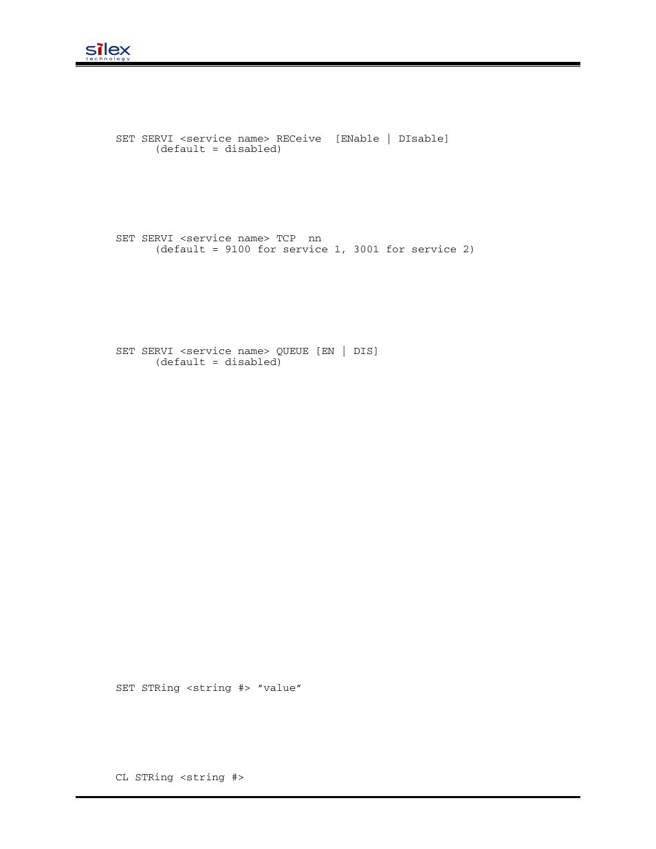 String commands, User’s guide, Set servi <service name> receive | Set servi <service name> tcp, Set servi <service name> queue, Sh servi summary [ service_num, Set string, Cl string | Silex technology SX-200 User Manual | Page 55 / 80