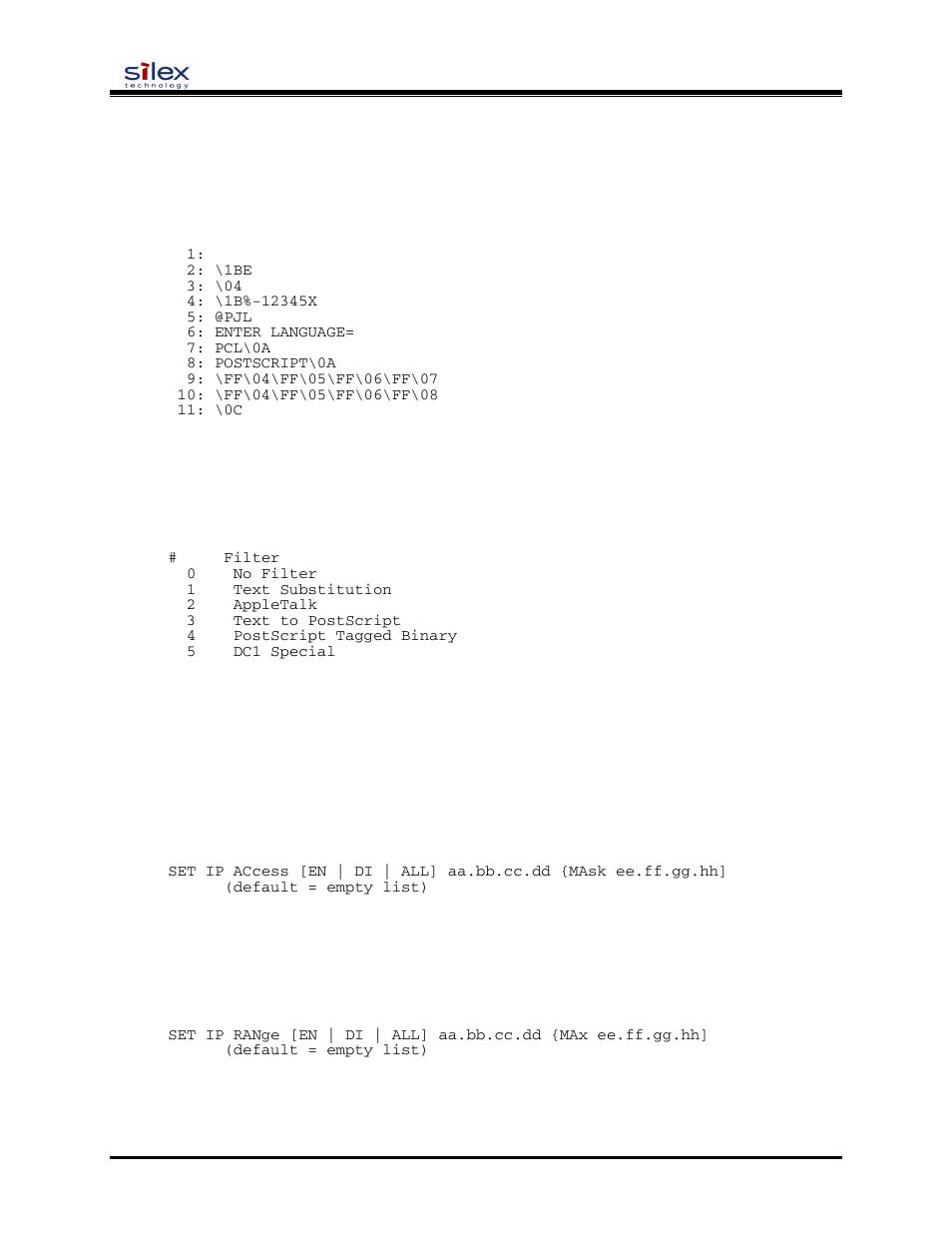 Tcp/ip commands, User’s guide, Sh string [ string_num | Sh filters, Set ip access, Set ip range | Silex technology SX-200 User Manual | Page 56 / 80