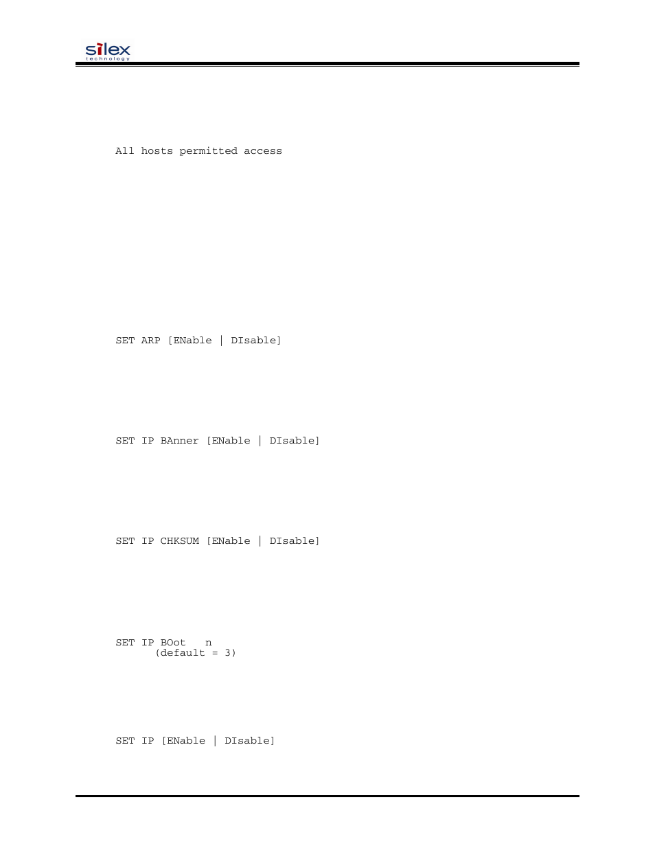User’s guide, Sh ip access, Set ip address | Set ip arp enable, Set ip banner, Set ip chksum, Set ip boot, Set ip enable | Silex technology SX-200 User Manual | Page 57 / 80