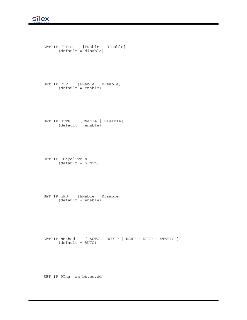 User’s guide, Set ip ftime, Set ip ftp | Set ip keepalive, Set ip lpd, Set ip method, Set ip ping, Set ip probe | Silex technology SX-200 User Manual | Page 58 / 80