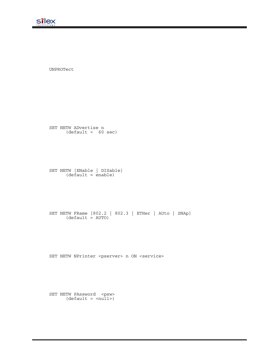 Netware commands, User’s guide, Unprotect | Set netw advertise, Set netw enable, Set netw frame, Set netw nprinter, Set netw password, Set netw polling | Silex technology SX-200 User Manual | Page 66 / 80