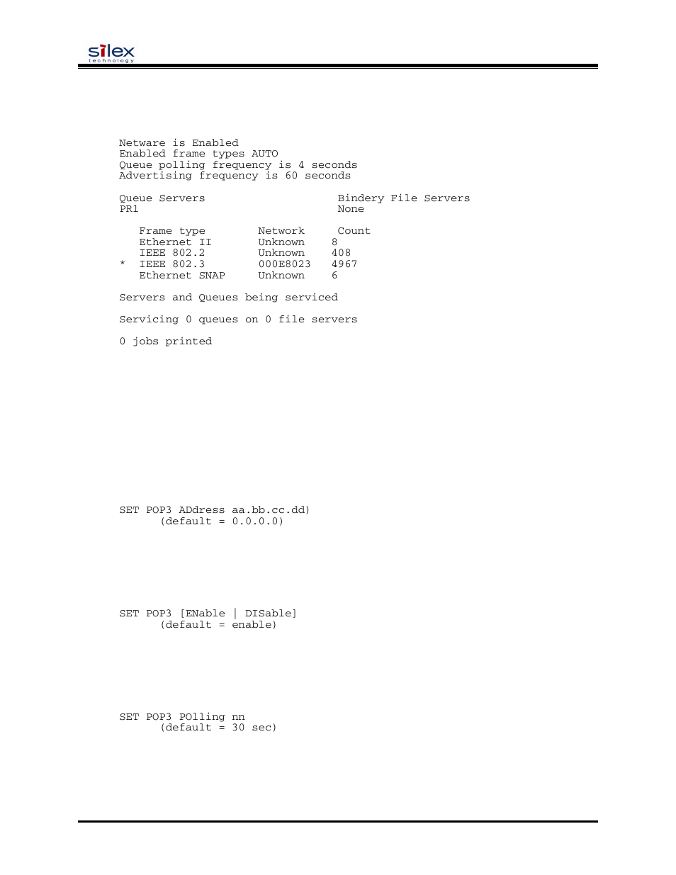 Email printing commands, User’s guide, Sh netware | Set pop3 address, Set pop3 enable, Set pop3 polling, Set pop3 name | Silex technology SX-200 User Manual | Page 68 / 80