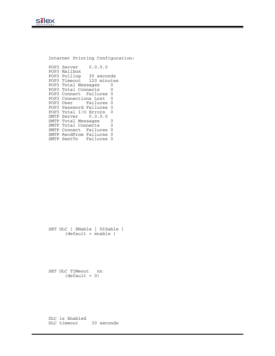 Dlc / netbeui commands, User’s guide, Sh pop3 | Sh smtp, Set dlc enable, Set dlc timeout, Sh dlc | Silex technology SX-200 User Manual | Page 70 / 80