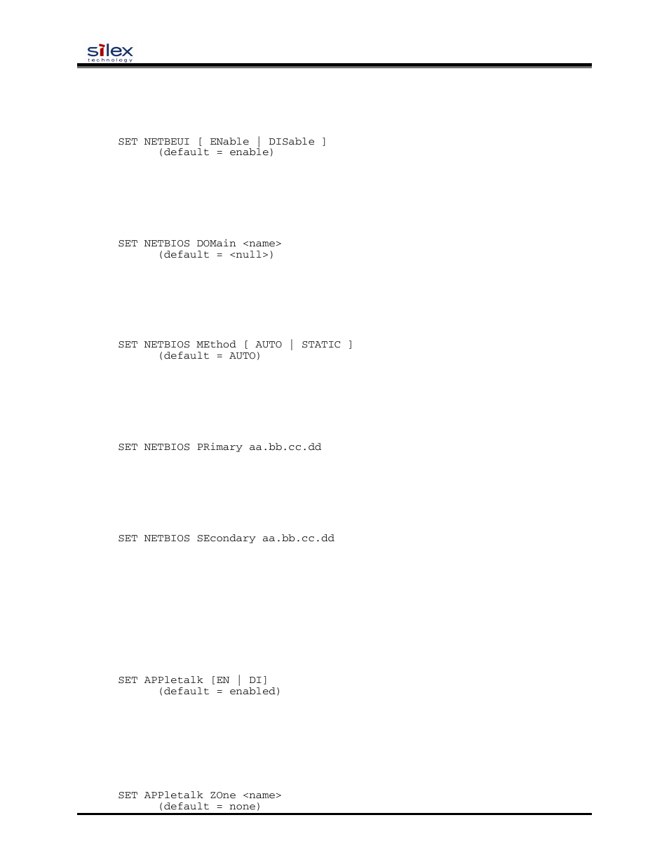Appletalk commands, User’s guide, Set netbeui enable | Set netbios domain, Set netbios method, Set netbios primary, Set netbios secondary, Set appletalk, Set appletalk zone | Silex technology SX-200 User Manual | Page 71 / 80