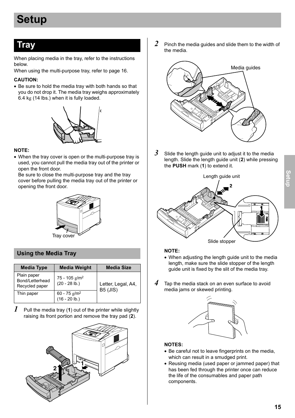 Tray, Using the media tray, Setup | Silex technology KX-CL400 User Manual | Page 15 / 24