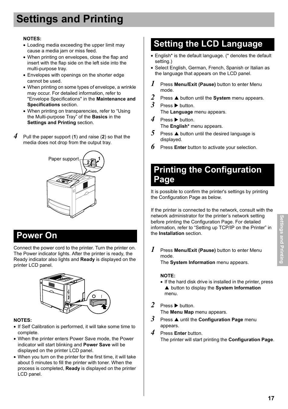 Settings and printing, Power on, Setting the lcd language | Ttings and printing | Silex technology KX-CL400 User Manual | Page 17 / 24