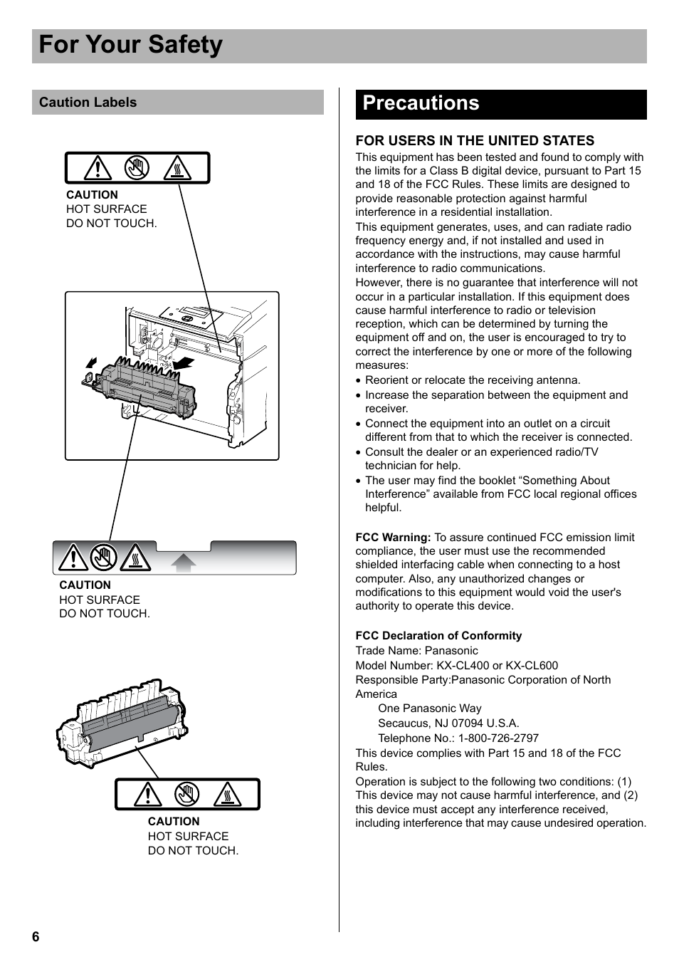 Caution labels, Precautions, For your safety | Silex technology KX-CL400 User Manual | Page 6 / 24