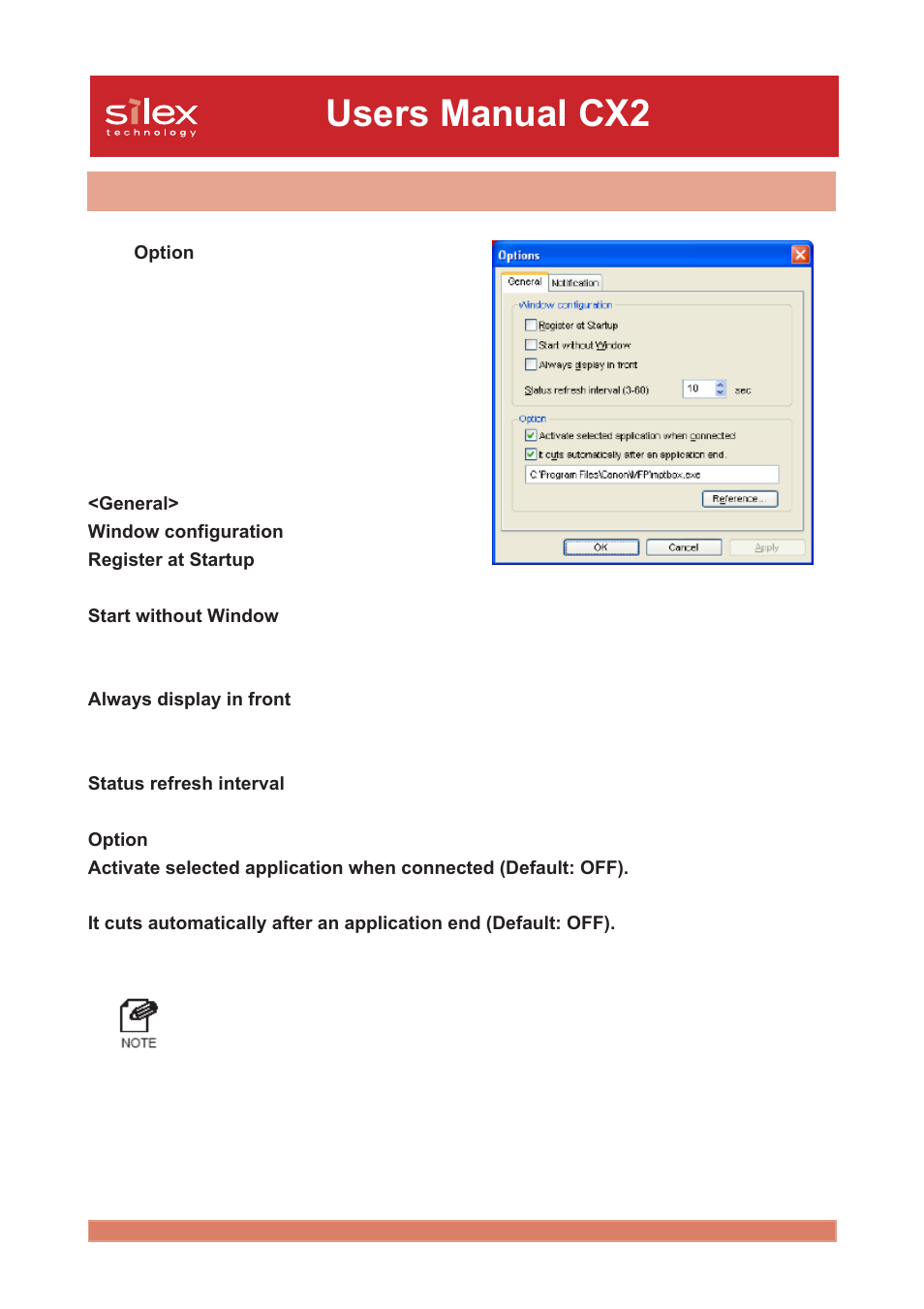 The option dialog, Users manual cx2 | Silex technology Print/Scanner/Storage Wireless Server PRICOM C-6400W User Manual | Page 46 / 101