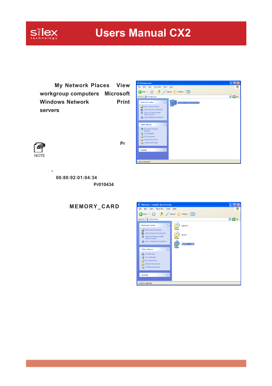 Open the memory card in a windows xp environment, Users manual cx2 | Silex technology Print/Scanner/Storage Wireless Server PRICOM C-6400W User Manual | Page 58 / 101