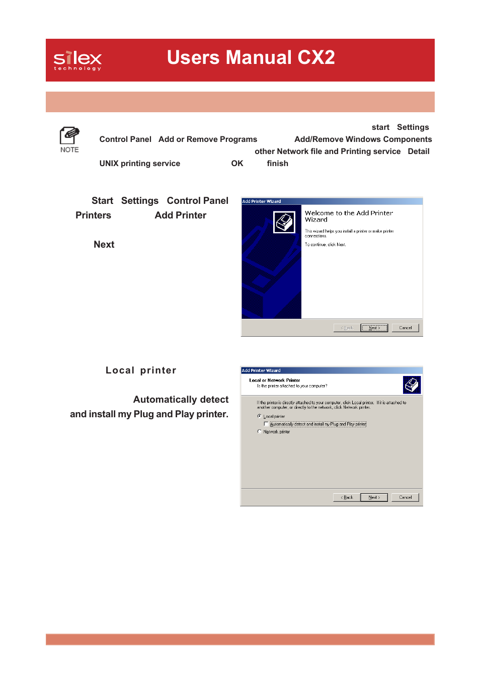 Print using the windows 2000 lpr port, Users manual cx2 | Silex technology Print/Scanner/Storage Wireless Server PRICOM C-6400W User Manual | Page 79 / 101