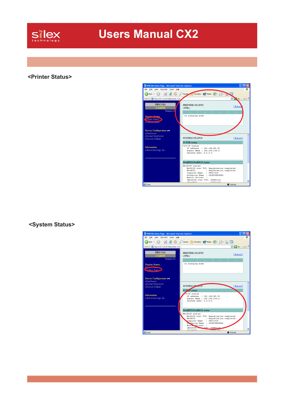 The pricom c-6400w http screen, Users manual cx2 | Silex technology Print/Scanner/Storage Wireless Server PRICOM C-6400W User Manual | Page 89 / 101