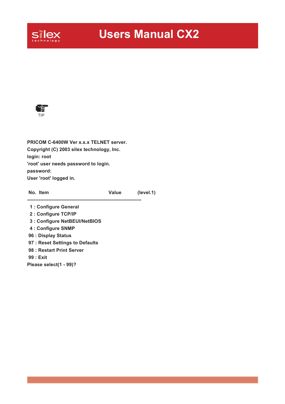 Telnet, Users manual cx2 | Silex technology Print/Scanner/Storage Wireless Server PRICOM C-6400W User Manual | Page 93 / 101