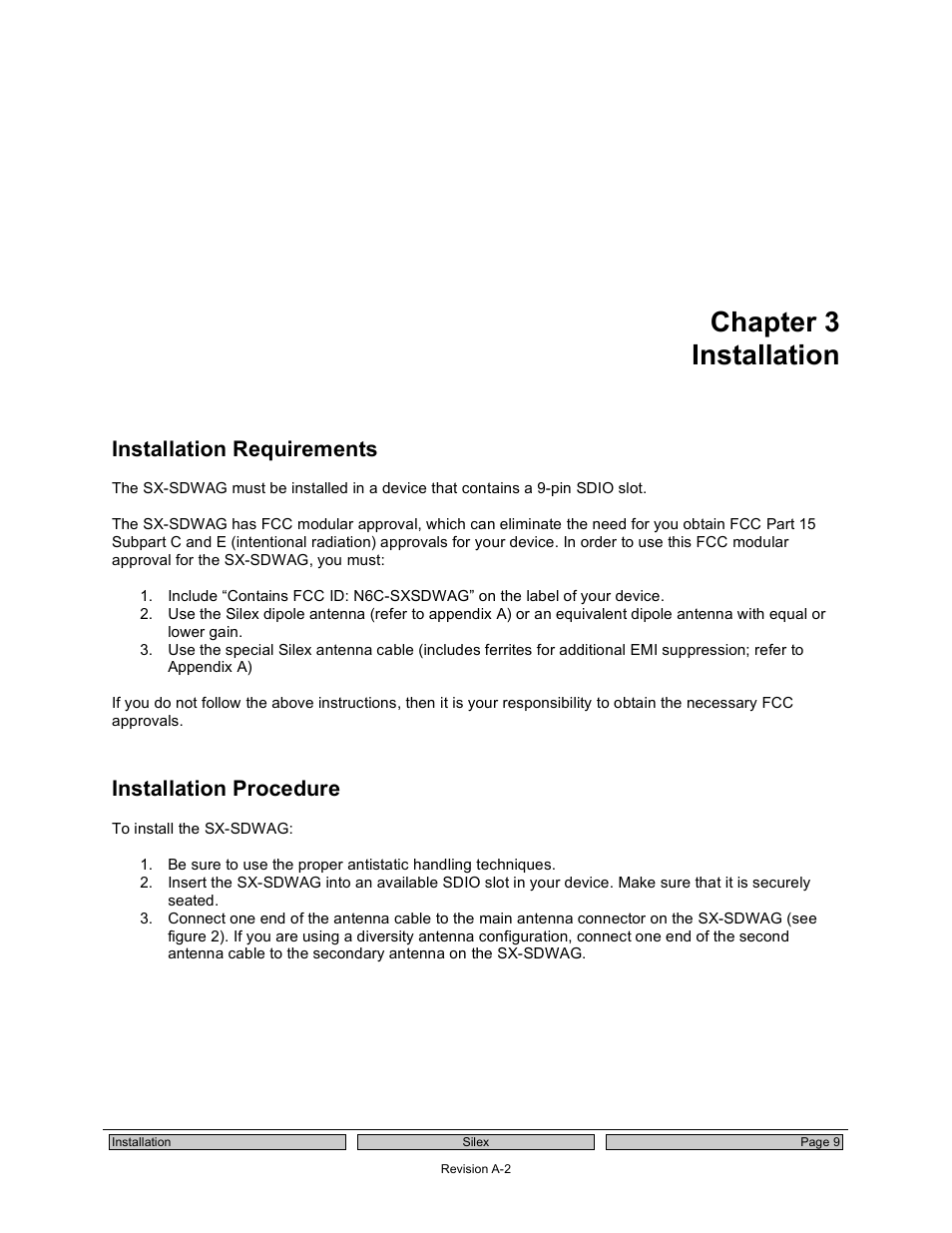 Chapter 3 installation, Installation requirements, Installation procedure | Silex technology 802.11a/b/g SDIO Module SX-SDWAG User Manual | Page 13 / 22