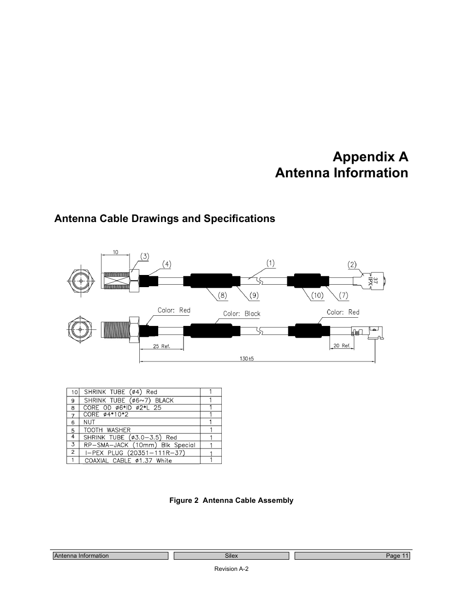Appendix a antenna information, Antenna cable drawings and specifications | Silex technology 802.11a/b/g SDIO Module SX-SDWAG User Manual | Page 15 / 22