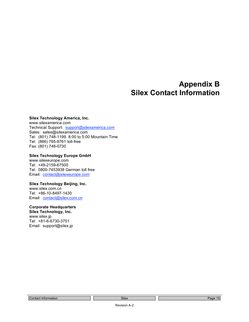 Appendix b silex contact information | Silex technology 802.11a/b/g SDIO Module SX-SDWAG User Manual | Page 19 / 22