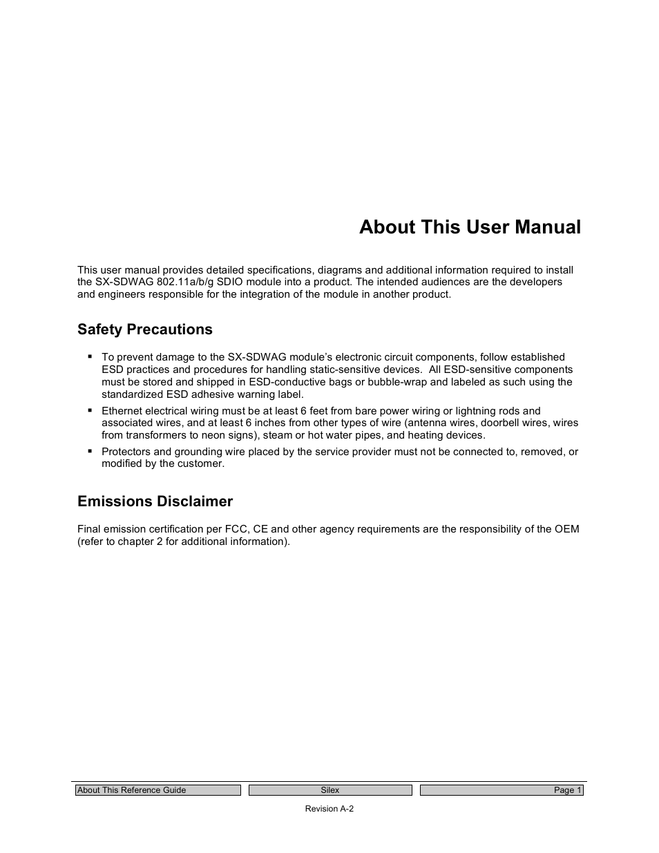 About this user manual, Safety precautions, Emissions disclaimer | Silex technology 802.11a/b/g SDIO Module SX-SDWAG User Manual | Page 5 / 22