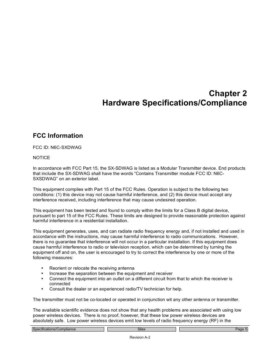 Chapter 2 hardware specifications/compliance, Fcc information | Silex technology 802.11a/b/g SDIO Module SX-SDWAG User Manual | Page 9 / 22