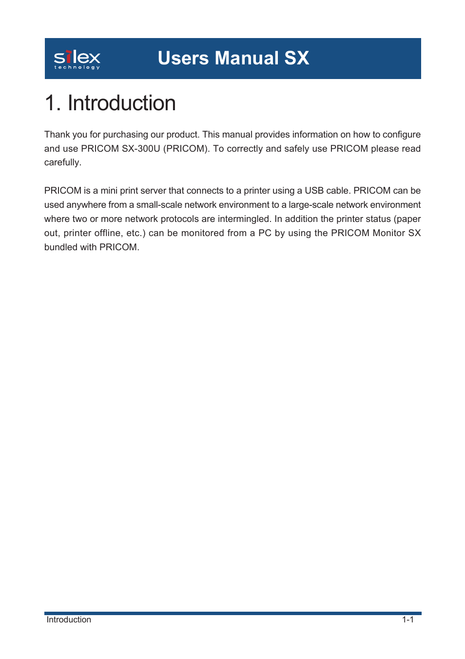 Introduction, Users manual sx, Introduction -1 safety instructions -3 | Silex technology Mini Print Server PRICOM SX-300U User Manual | Page 10 / 191