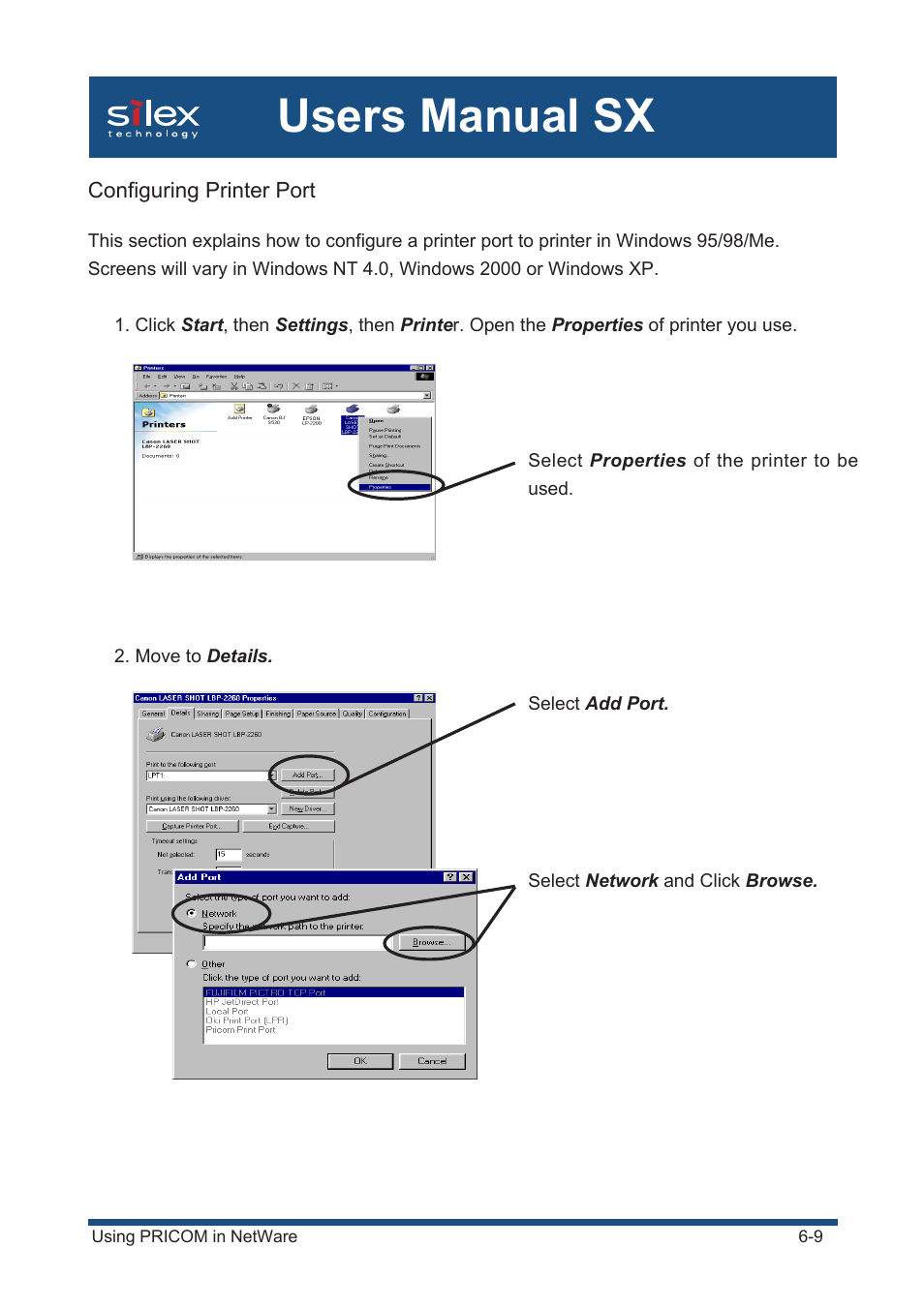 Configuring printer port, Users manual sx | Silex technology Mini Print Server PRICOM SX-300U User Manual | Page 107 / 191