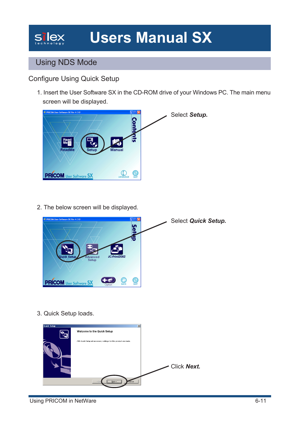Using nds mode, Configure using quick setup, Users manual sx | Silex technology Mini Print Server PRICOM SX-300U User Manual | Page 109 / 191