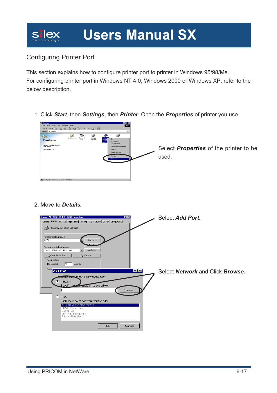 Configuring printer port, Users manual sx | Silex technology Mini Print Server PRICOM SX-300U User Manual | Page 115 / 191