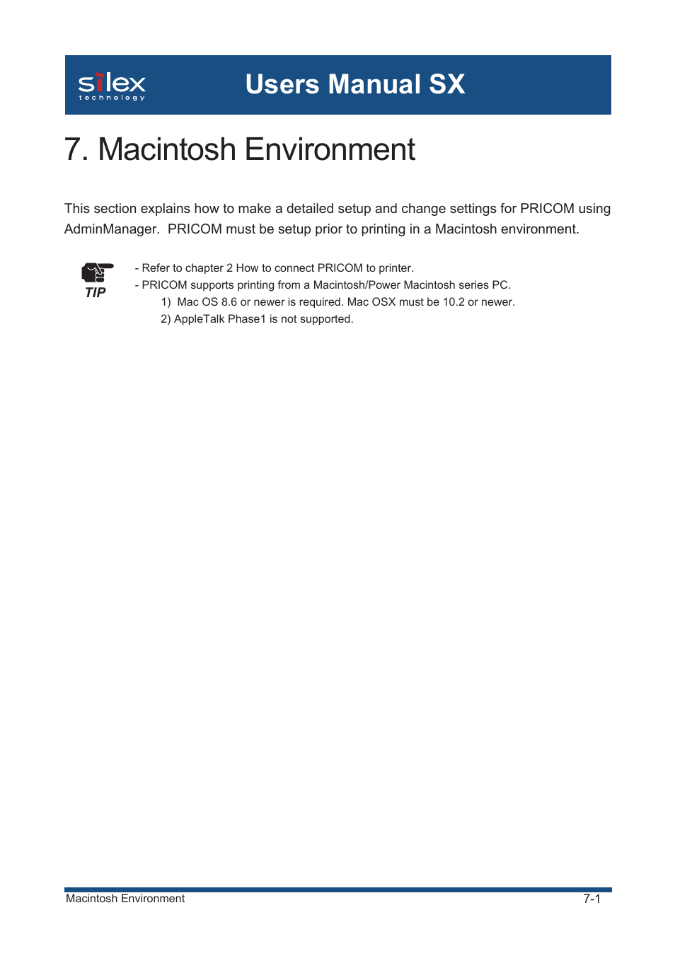 Macintosh environment, Macintosh environment -1 setup and printing -2, Mac os 8/9 -2 | Setup appletalk service -2 printing -3, Mac os x -4, Enable the apple talk service -4 printing -5, Setup the tcp/ip (mactcp) protocol -6, Users manual sx | Silex technology Mini Print Server PRICOM SX-300U User Manual | Page 119 / 191
