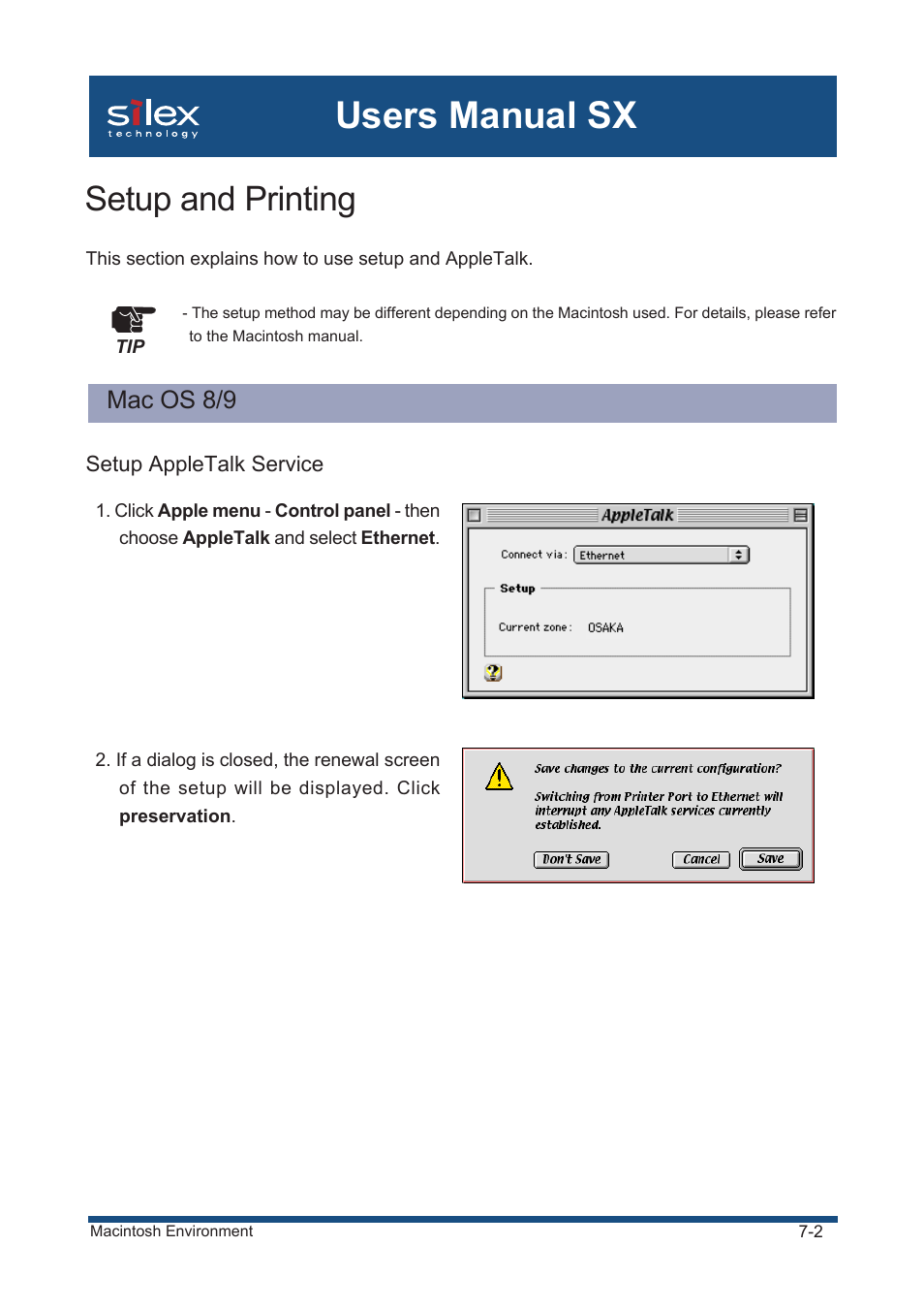 Setup and printing, Mac os 8/9, Setup appletalk service | Users manual sx | Silex technology Mini Print Server PRICOM SX-300U User Manual | Page 120 / 191