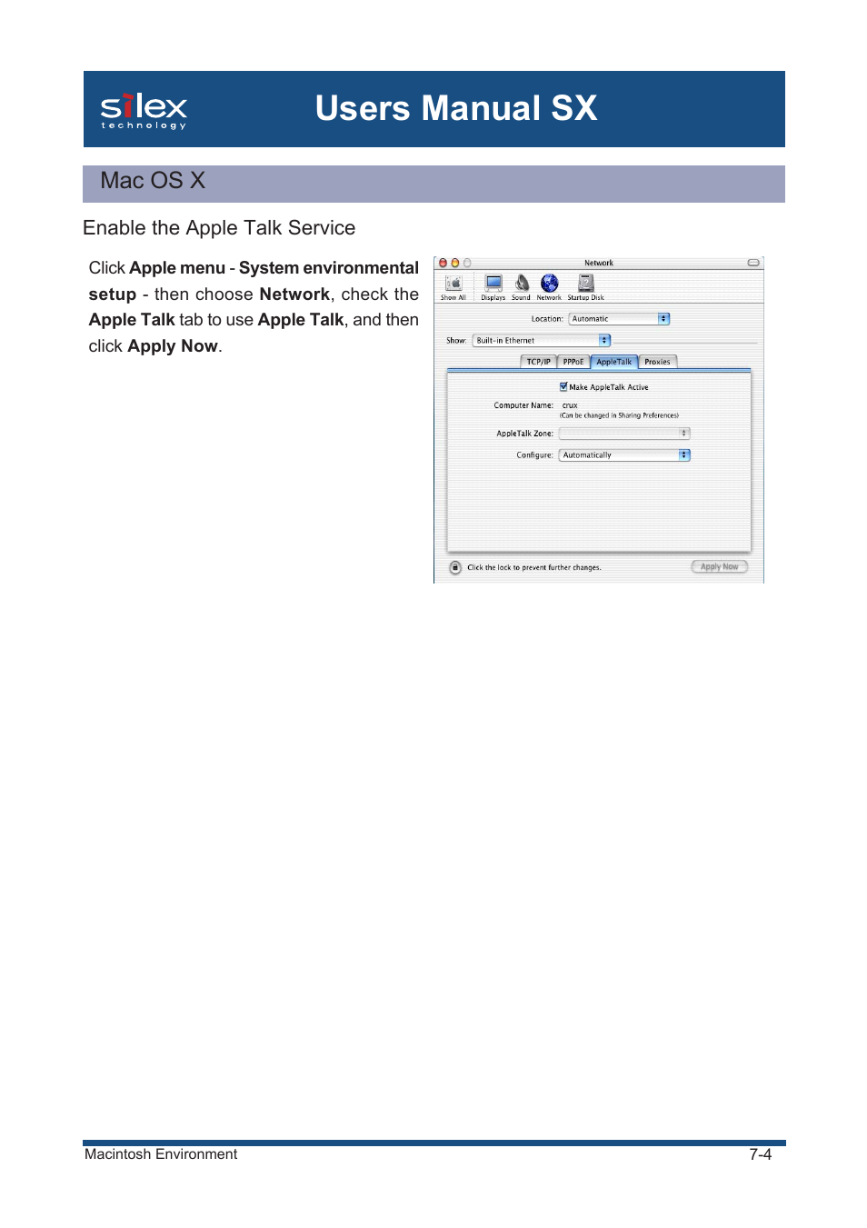 Mac os x, Enable the apple talk service, Users manual sx | Silex technology Mini Print Server PRICOM SX-300U User Manual | Page 122 / 191