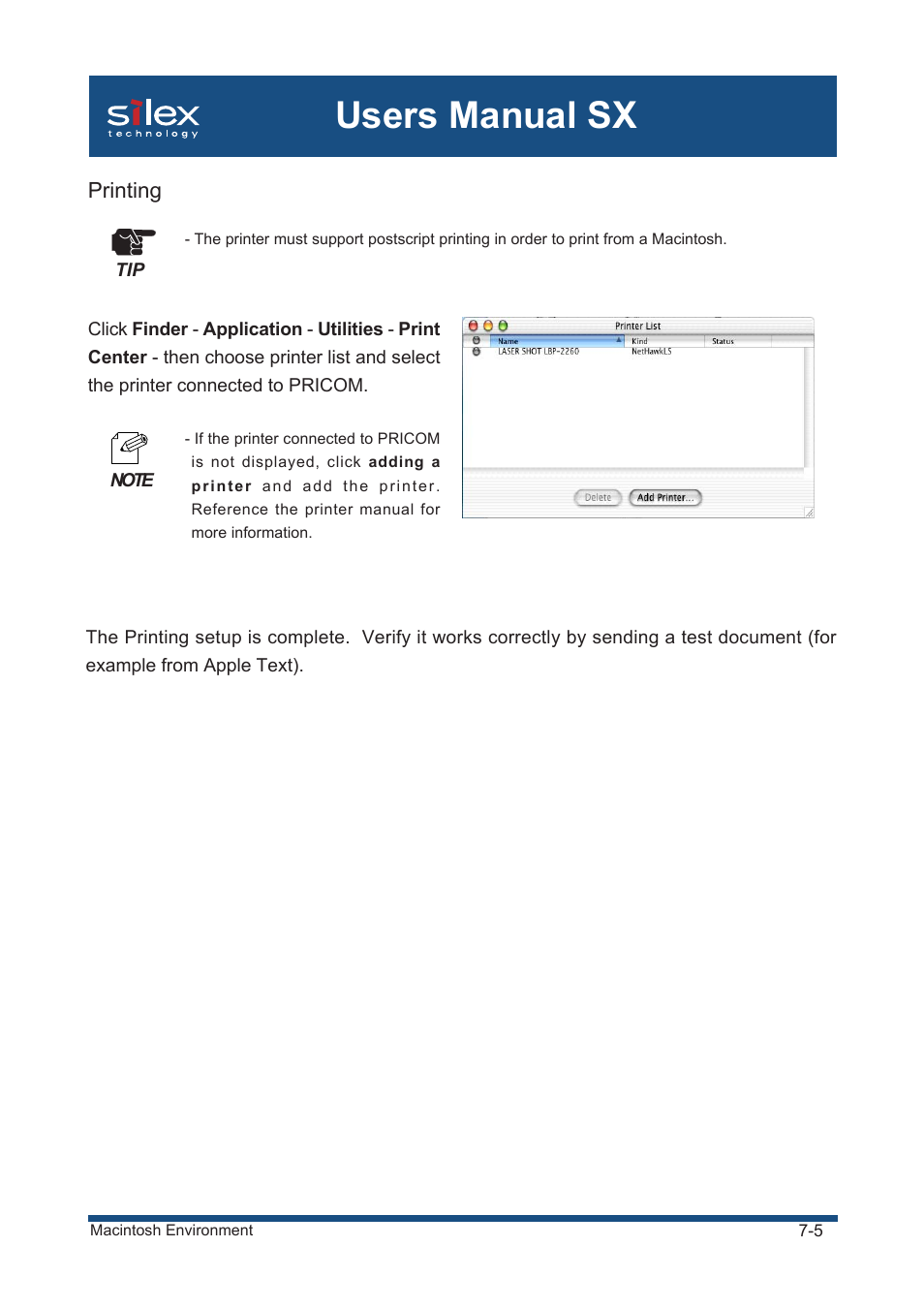 Printing, Users manual sx | Silex technology Mini Print Server PRICOM SX-300U User Manual | Page 123 / 191