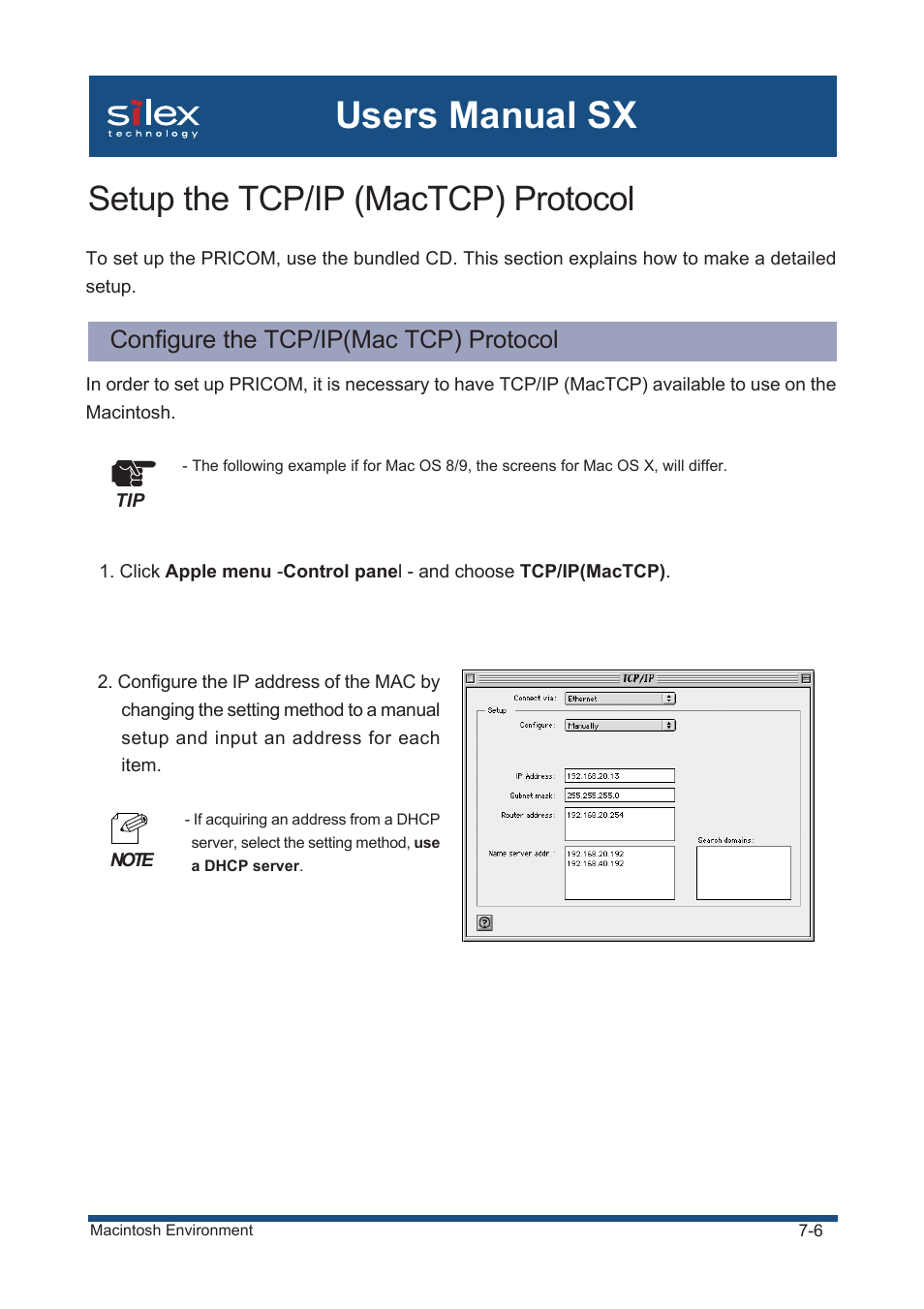 Setup the tcp/ip (mactcp) protocol, Configure the tcp/ip(mac tcp) protocol, Users manual sx | Silex technology Mini Print Server PRICOM SX-300U User Manual | Page 124 / 191