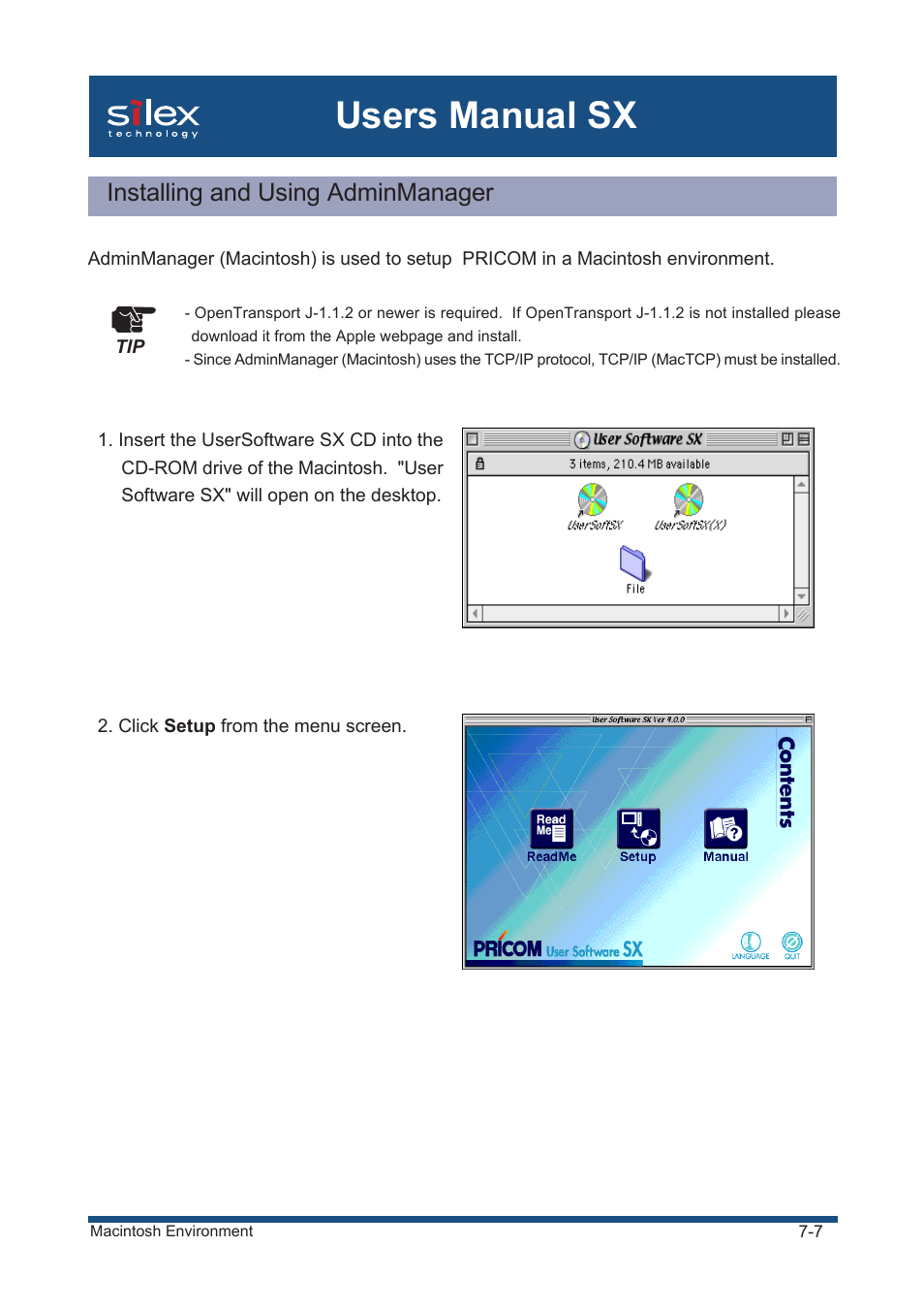 Installing and using adminmanager, Users manual sx | Silex technology Mini Print Server PRICOM SX-300U User Manual | Page 125 / 191