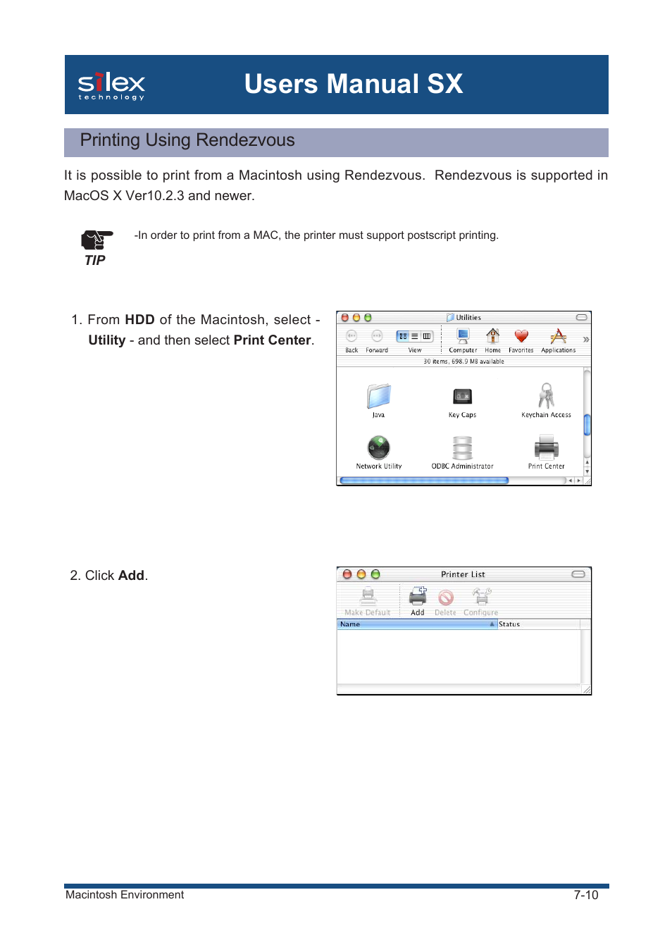 Printing using rendezvous, Users manual sx | Silex technology Mini Print Server PRICOM SX-300U User Manual | Page 128 / 191