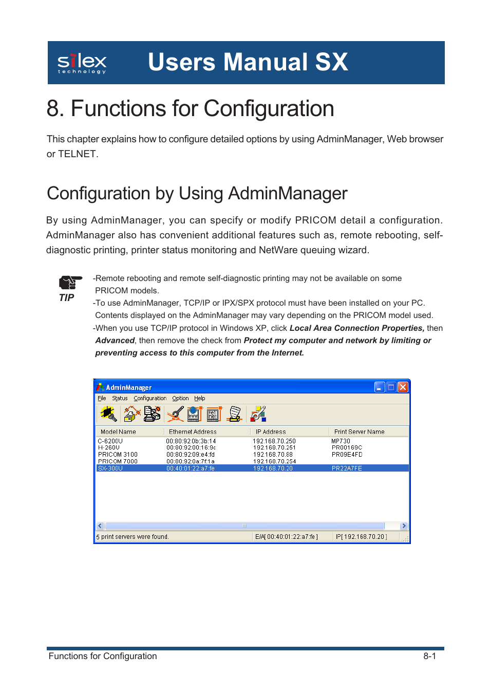 Functions for configuration, Configuration by using adminmanager, Users manual sx | Configuring pricom using adminmanager -8, Configuring pricom via web browser -21, Configuring pricom using telnet -24 | Silex technology Mini Print Server PRICOM SX-300U User Manual | Page 130 / 191