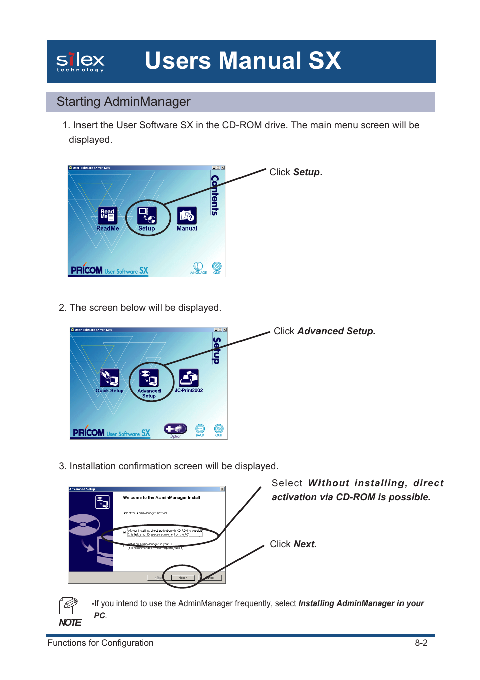 Starting adminmanager, Users manual sx | Silex technology Mini Print Server PRICOM SX-300U User Manual | Page 131 / 191