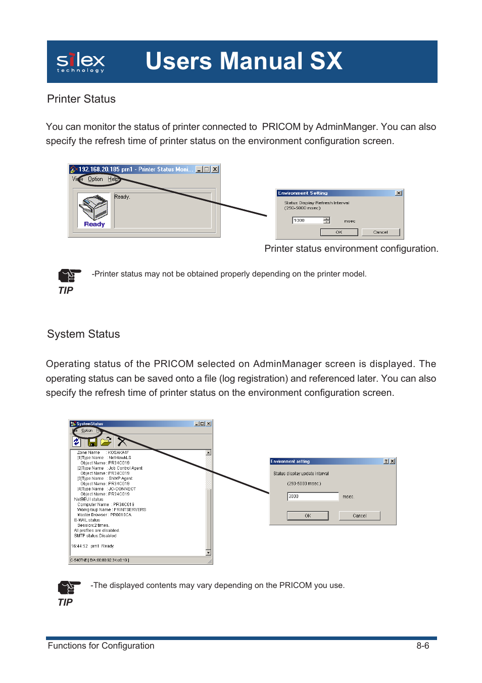 Printer status, System status, Users manual sx | Silex technology Mini Print Server PRICOM SX-300U User Manual | Page 135 / 191