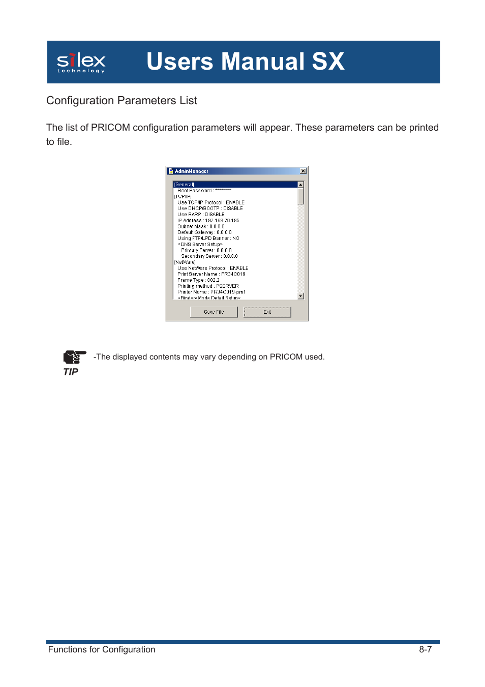 Configuration parameters list, Users manual sx | Silex technology Mini Print Server PRICOM SX-300U User Manual | Page 136 / 191