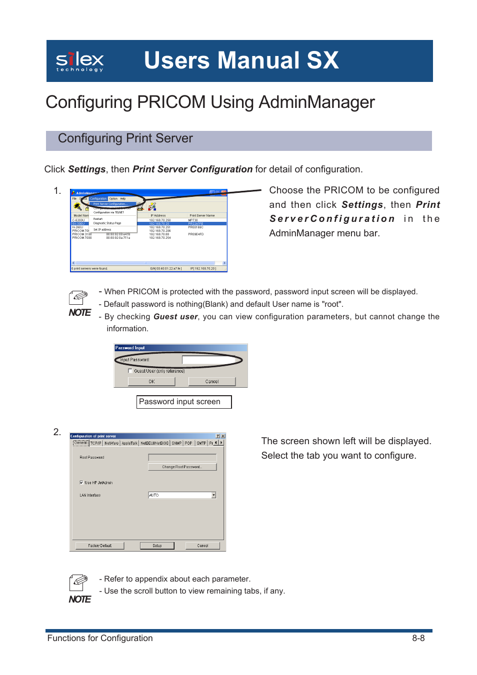 Configuring pricom using adminmanager, Configuring print server, Users manual sx | Silex technology Mini Print Server PRICOM SX-300U User Manual | Page 137 / 191