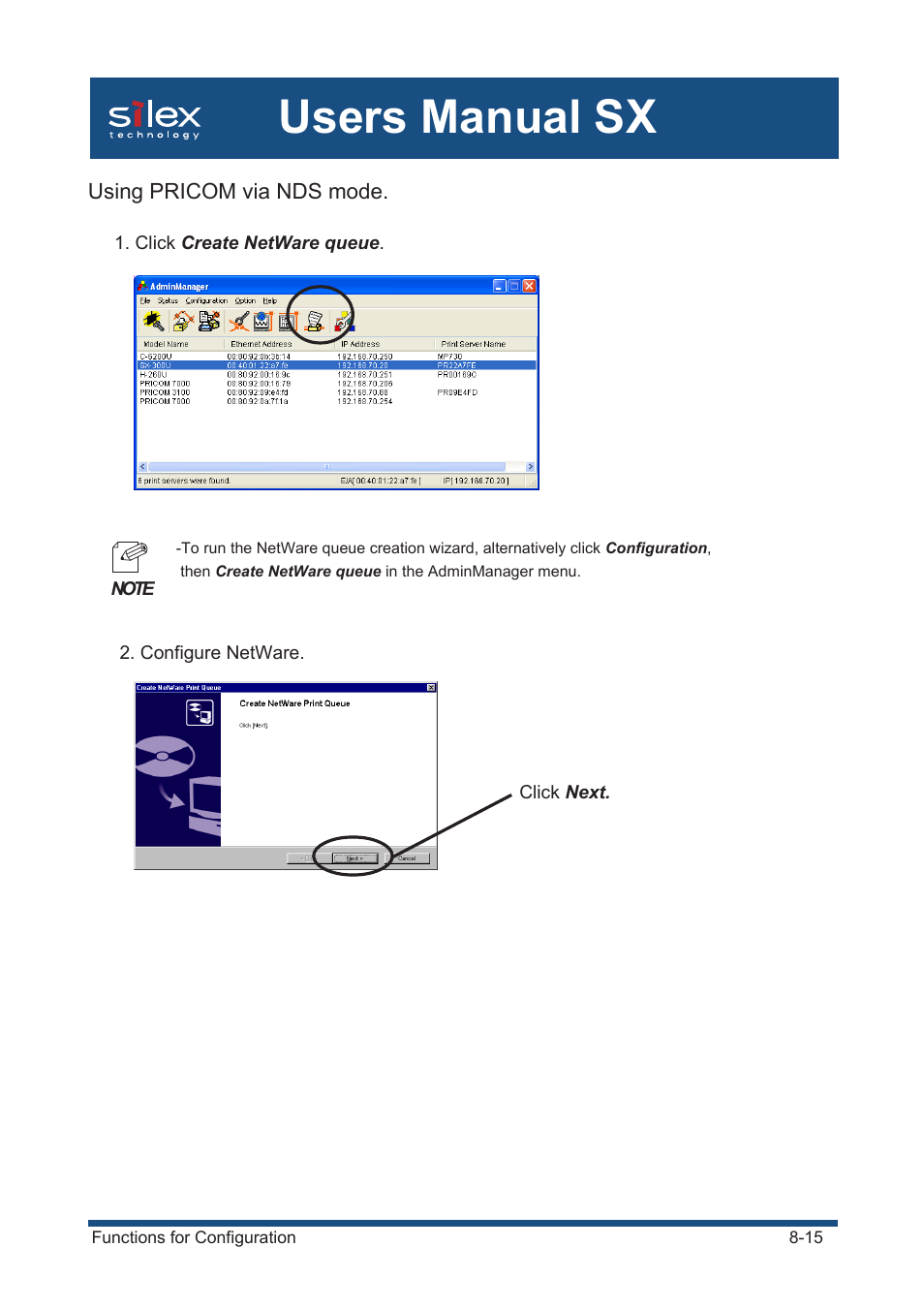 Using pricom via nds mode, Users manual sx | Silex technology Mini Print Server PRICOM SX-300U User Manual | Page 144 / 191