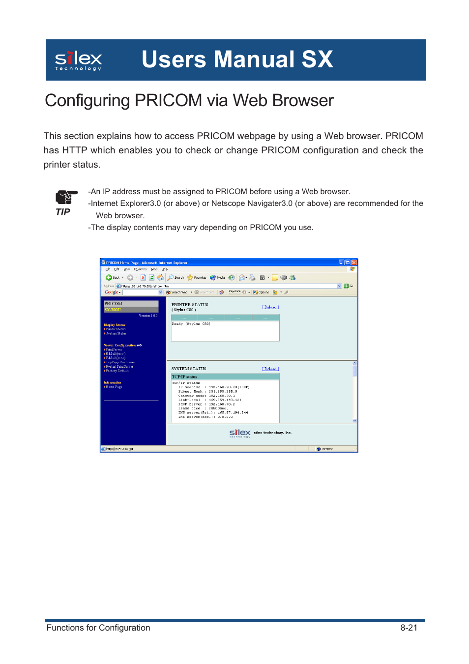 Configuring pricom via web browser, Users manual sx | Silex technology Mini Print Server PRICOM SX-300U User Manual | Page 150 / 191