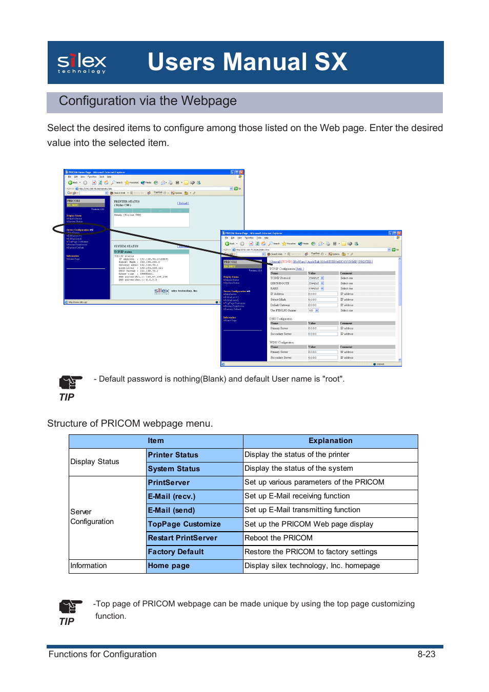 Users manual sx, Configuration via the webpage | Silex technology Mini Print Server PRICOM SX-300U User Manual | Page 152 / 191