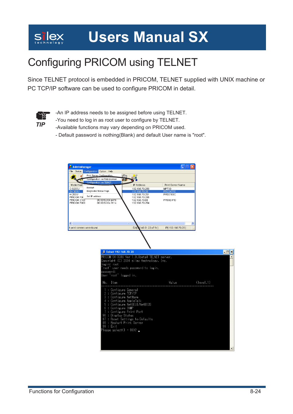 Configuring pricom using telnet, Users manual sx | Silex technology Mini Print Server PRICOM SX-300U User Manual | Page 153 / 191