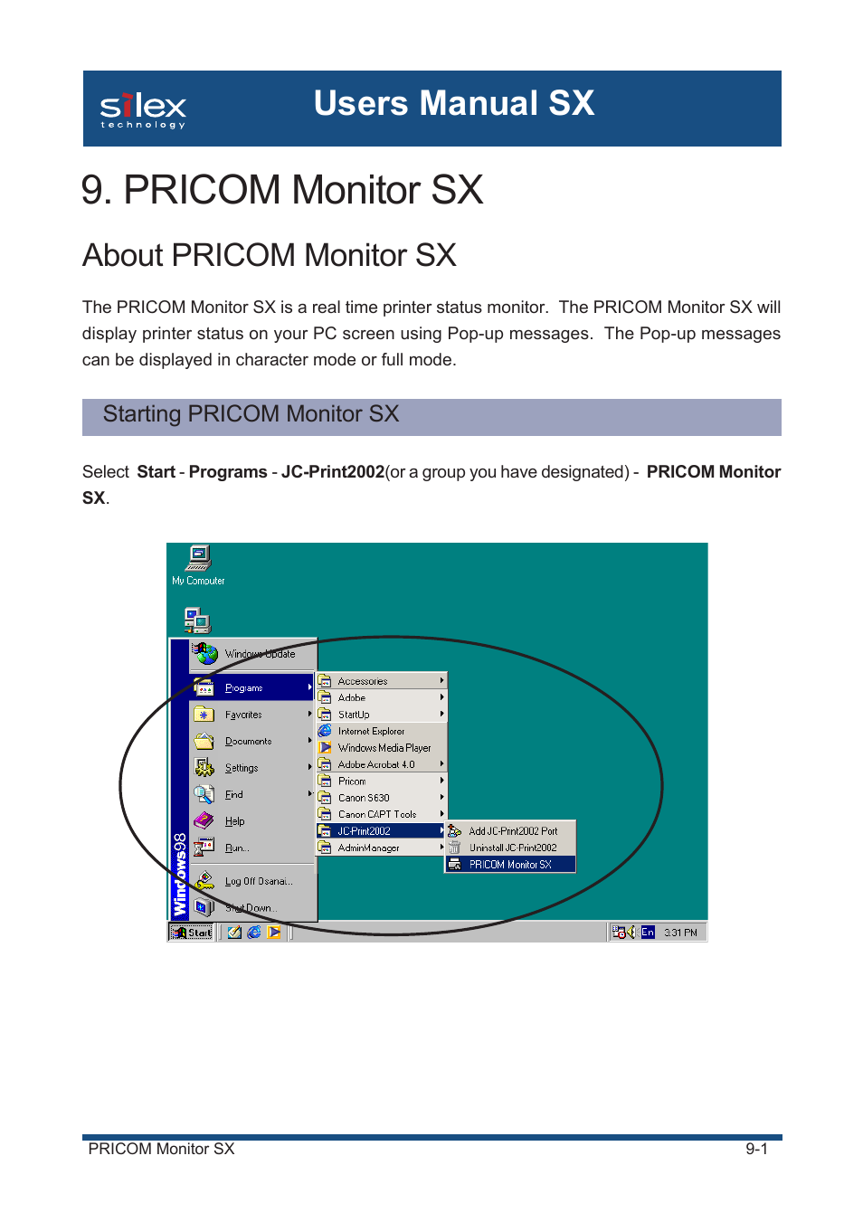 Pricom monitor sx, About pricom monitor sx, Starting pricom monitor sx | Users manual sx, Pricom monitor sx -1 about pricom monitor sx -1, Menu -3, Display pricom monitor sx (full mode) -4, Options setting -6, Status monitor -6 display tab -7 character -8 | Silex technology Mini Print Server PRICOM SX-300U User Manual | Page 154 / 191