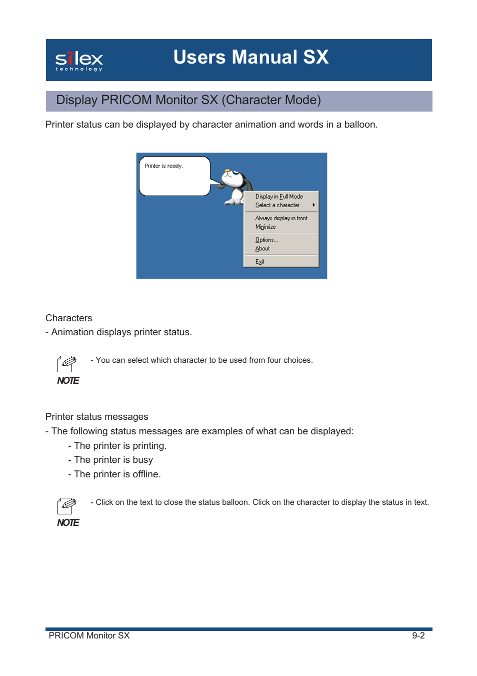 Display pricom monitor sx (character mode), Users manual sx | Silex technology Mini Print Server PRICOM SX-300U User Manual | Page 155 / 191