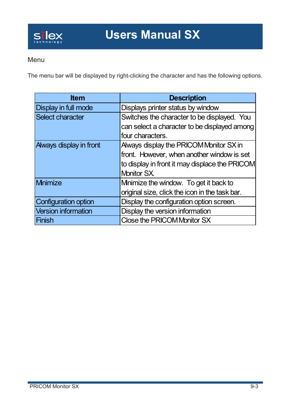 Menu, Users manual sx | Silex technology Mini Print Server PRICOM SX-300U User Manual | Page 156 / 191