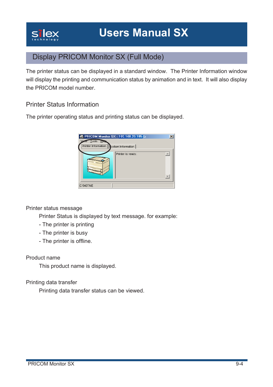 Display pricom monitor sx (full mode), Printer status information, Users manual sx | Silex technology Mini Print Server PRICOM SX-300U User Manual | Page 157 / 191