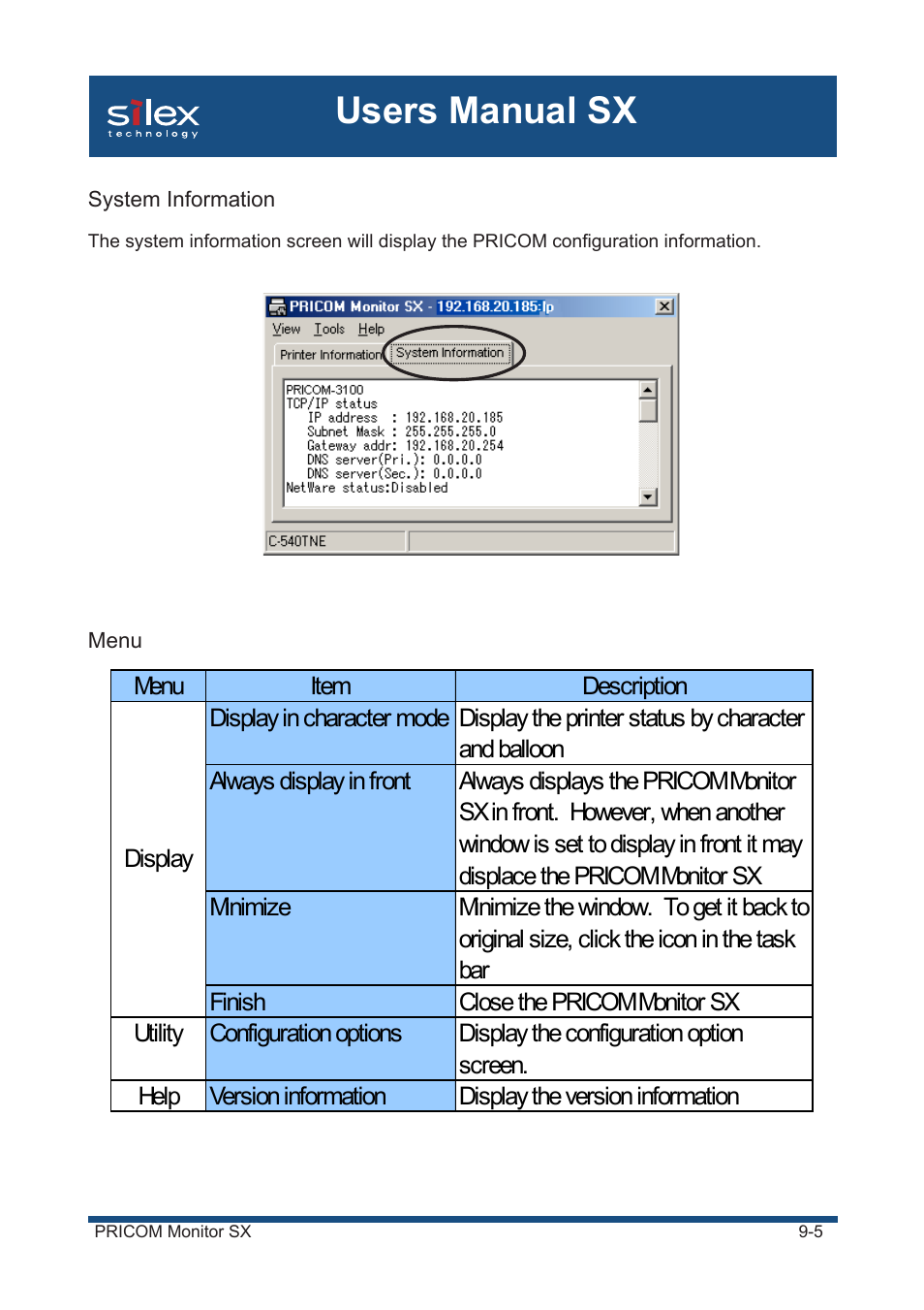 System information, Menu, Users manual sx | Silex technology Mini Print Server PRICOM SX-300U User Manual | Page 158 / 191